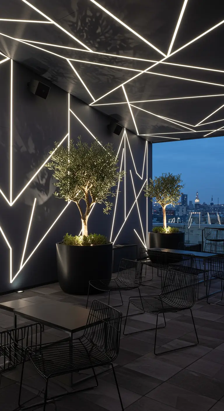 Terrasse de toit moderne avec des bandes lumineuses LED formant des motifs géométriques.