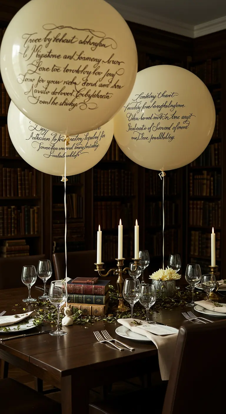 Grands ballons crème avec de la calligraphie flottant au-dessus d'une table élégante.