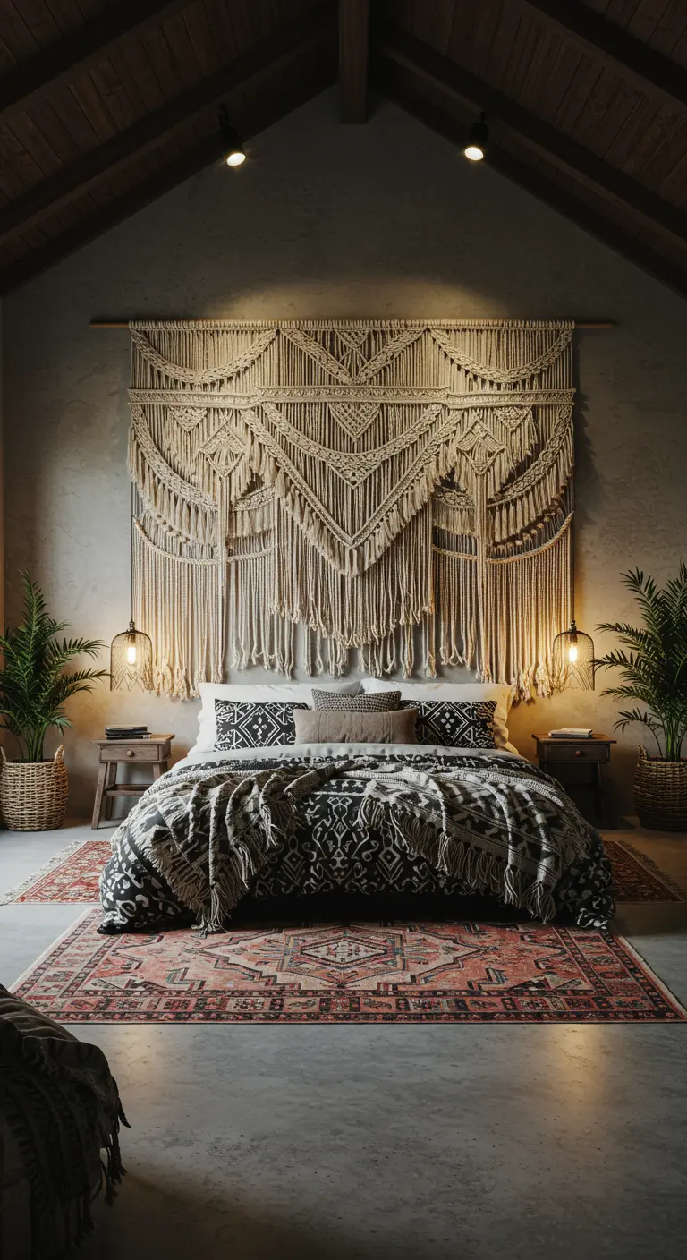 Chambre sombre avec un mur accent vert foncé, grand macramé et tapis persan rouge.