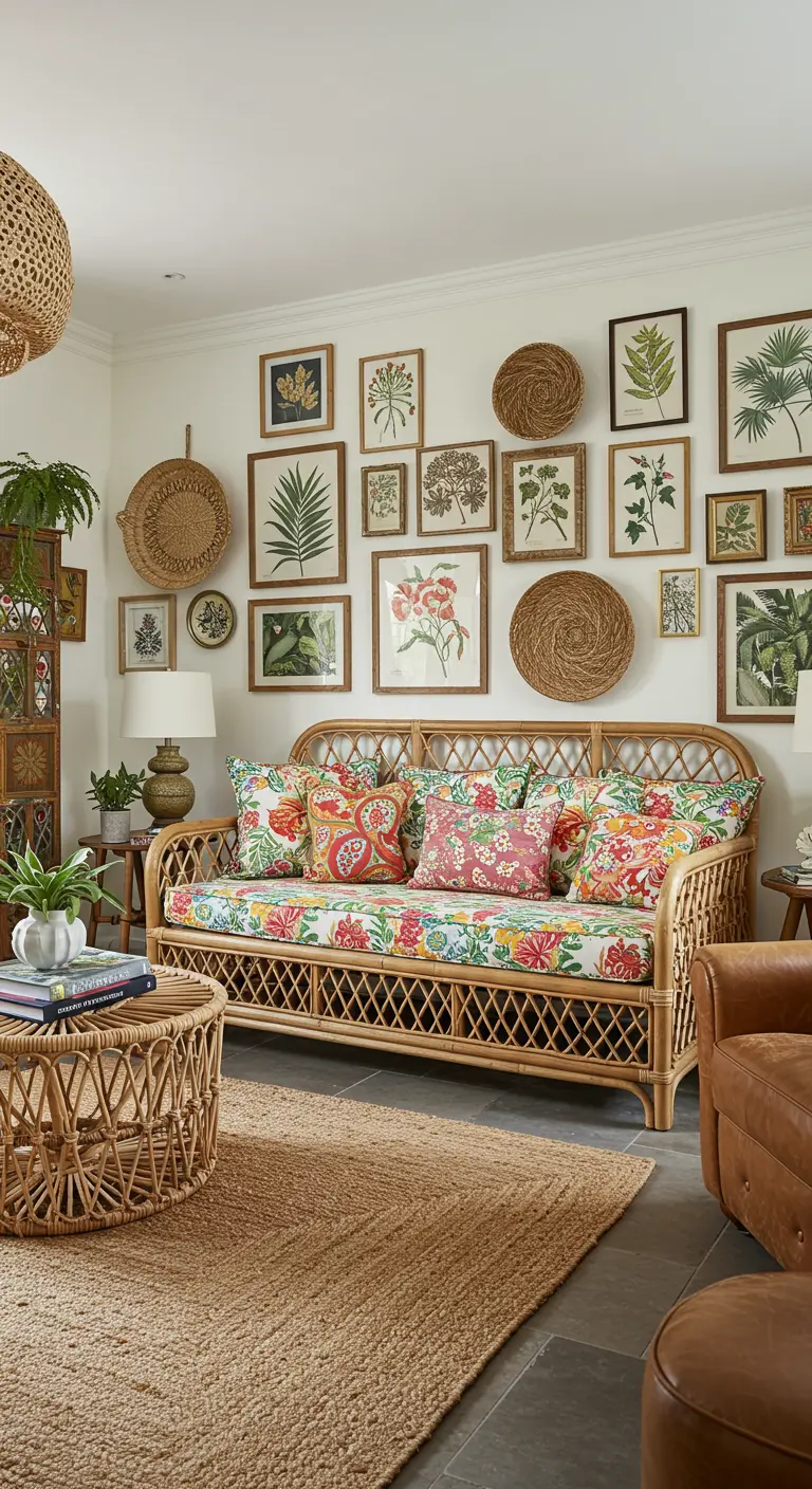 Canapé en rotin avec coussins fleuris devant un mur de cadres botaniques.