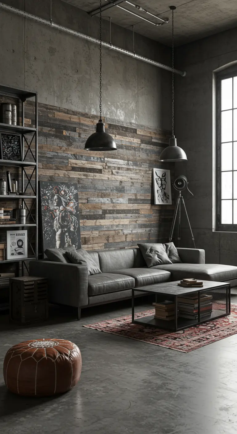 Mur d'accent en lattes de bois foncé et gris dans un loft industriel avec un canapé gris en cuir et béton.