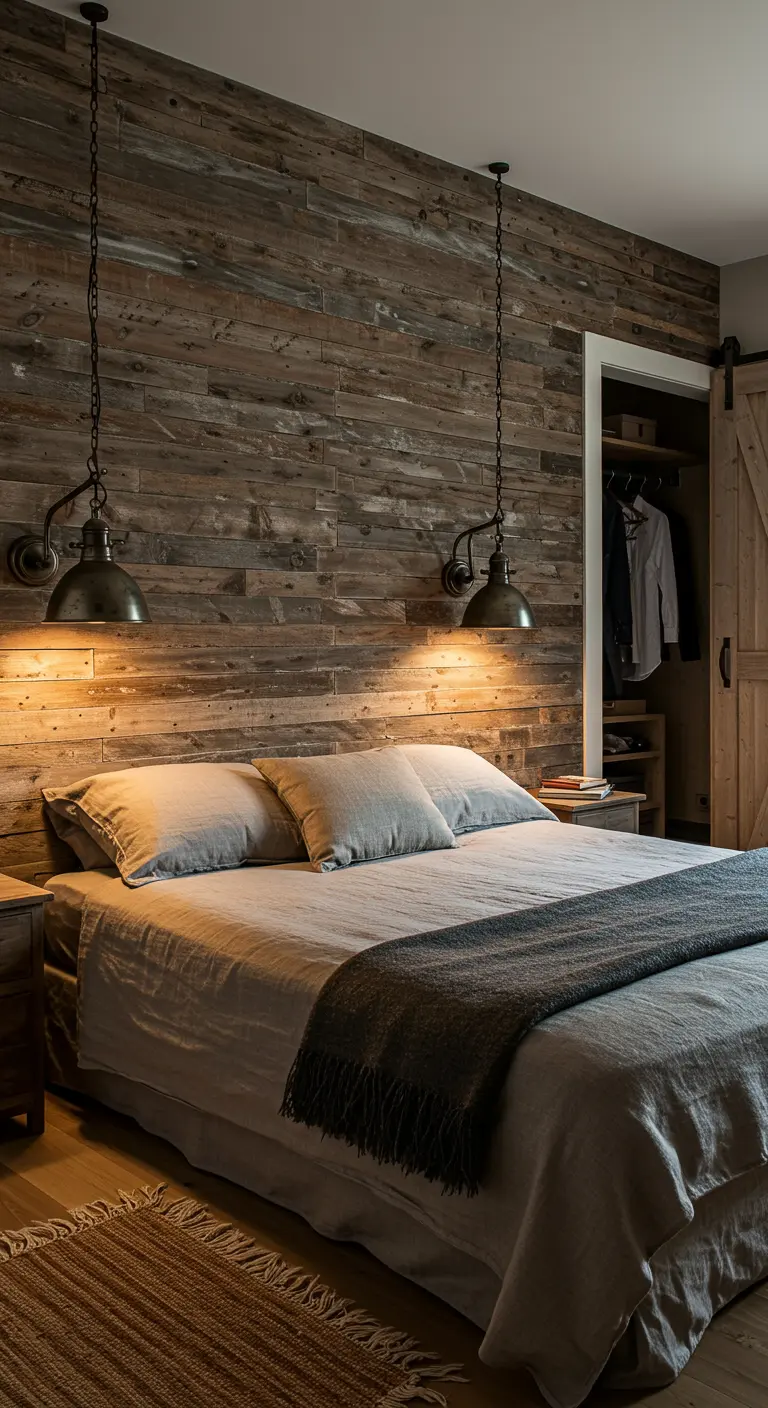 Chambre avec mur d'accent en bois de grange récupéré et suspensions industrielles.