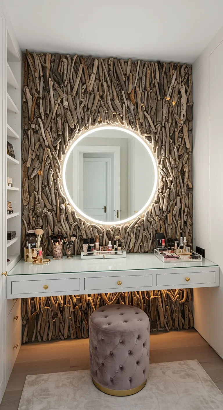 Mur entier derrière une coiffeuse couvert de bois flotté, avec un miroir rond lumineux.