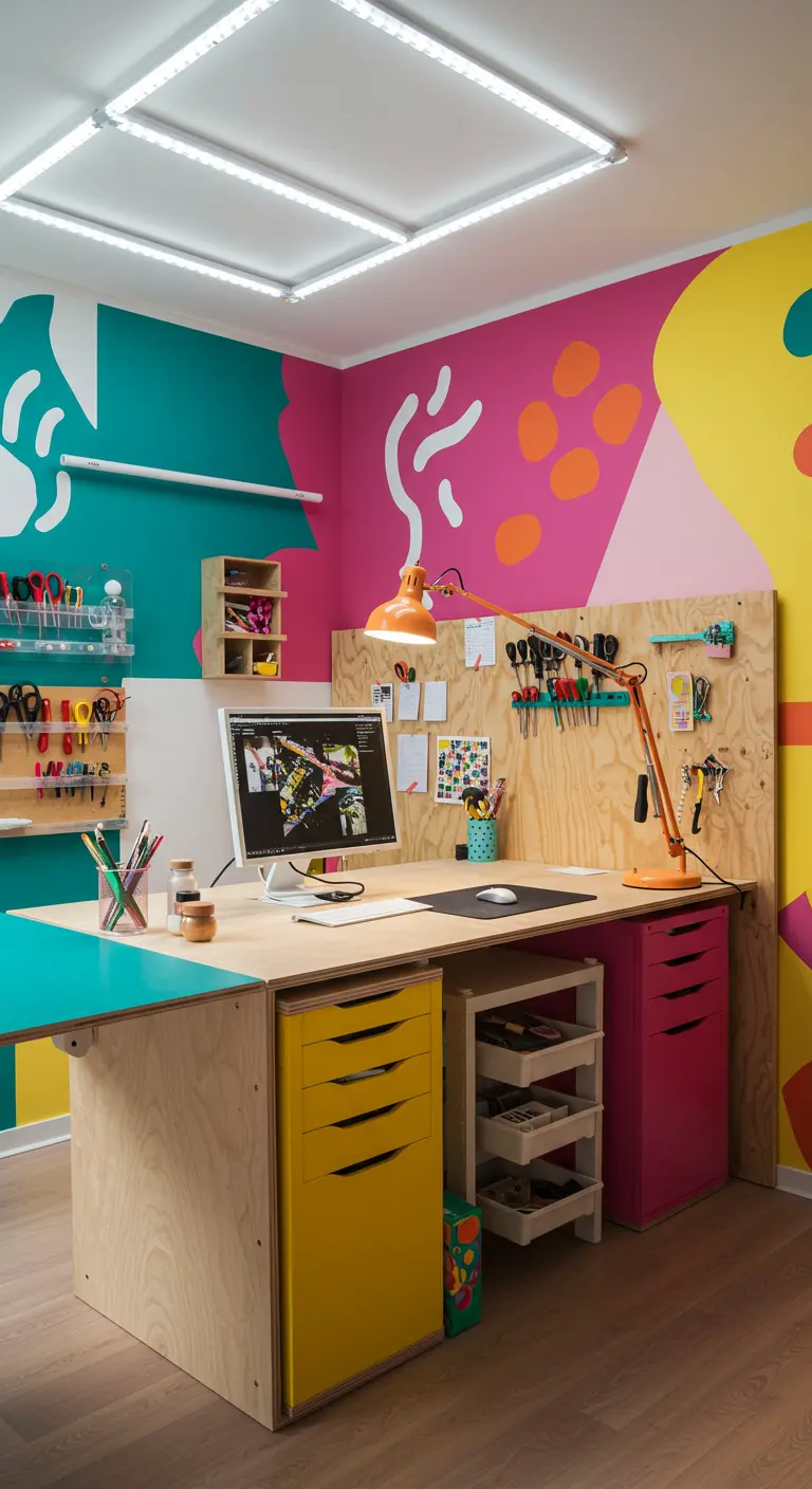 Bureau artistique avec grand panneau de contreplaqué mural organisé, couleurs vives et éclairage LED