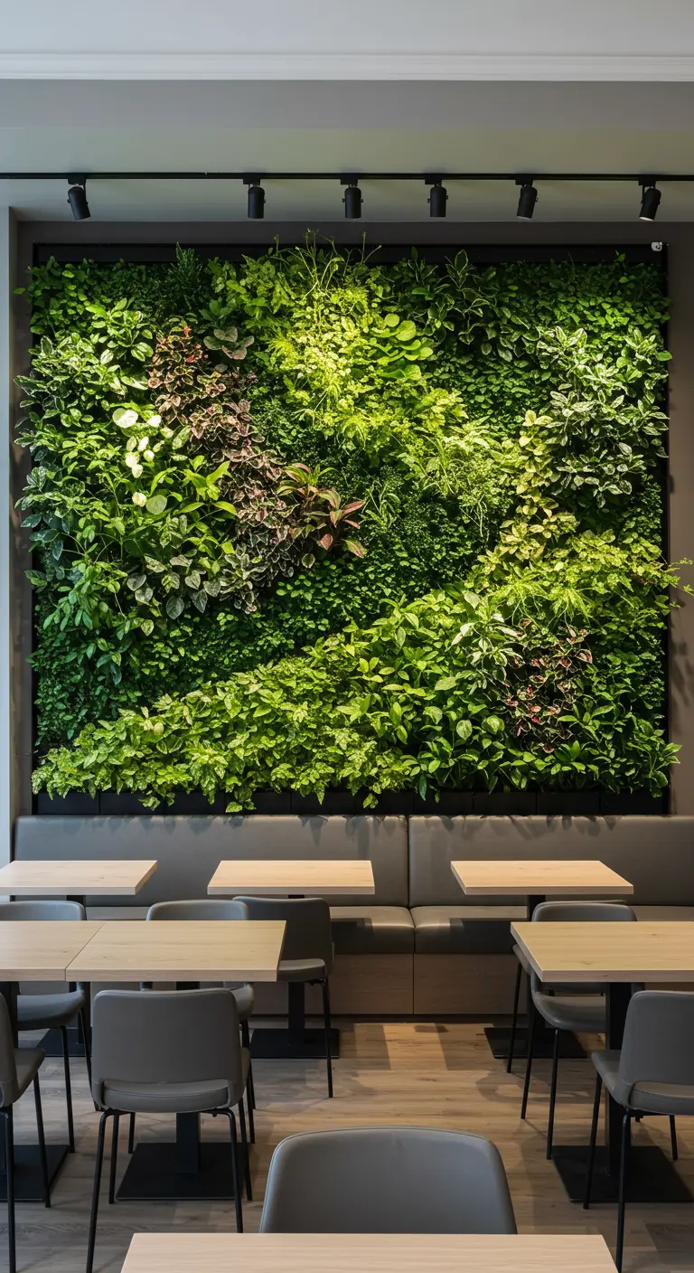 Mur végétal luxuriant avec un mélange de plantes vertes et pourpres, éclairé par des spots.