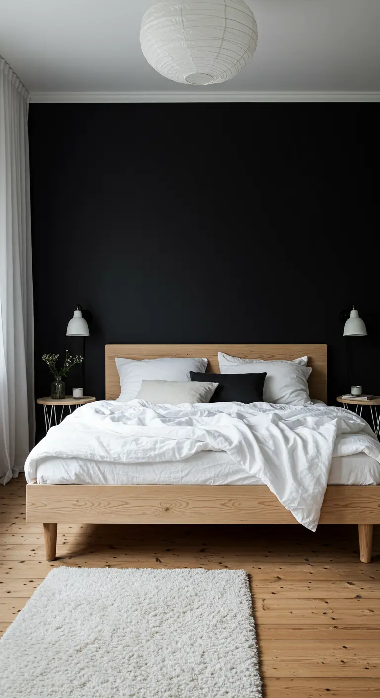 Chambre de style Japandi avec un mur noir, un lit en bois clair et du linge de lit blanc.