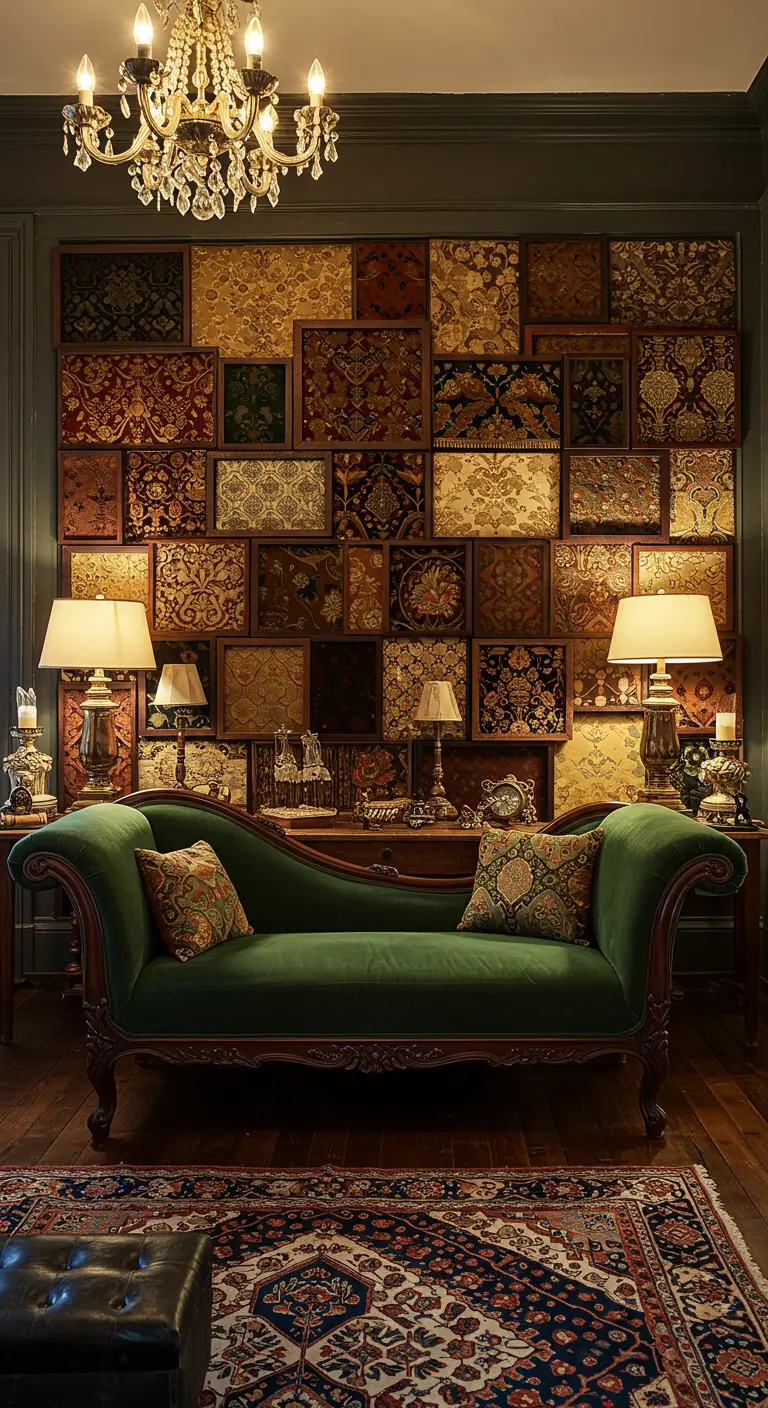 Mur décoré d'une mosaïque de panneaux de tissus vintage aux motifs floraux et damassés, au-dessus d'une méridienne verte.