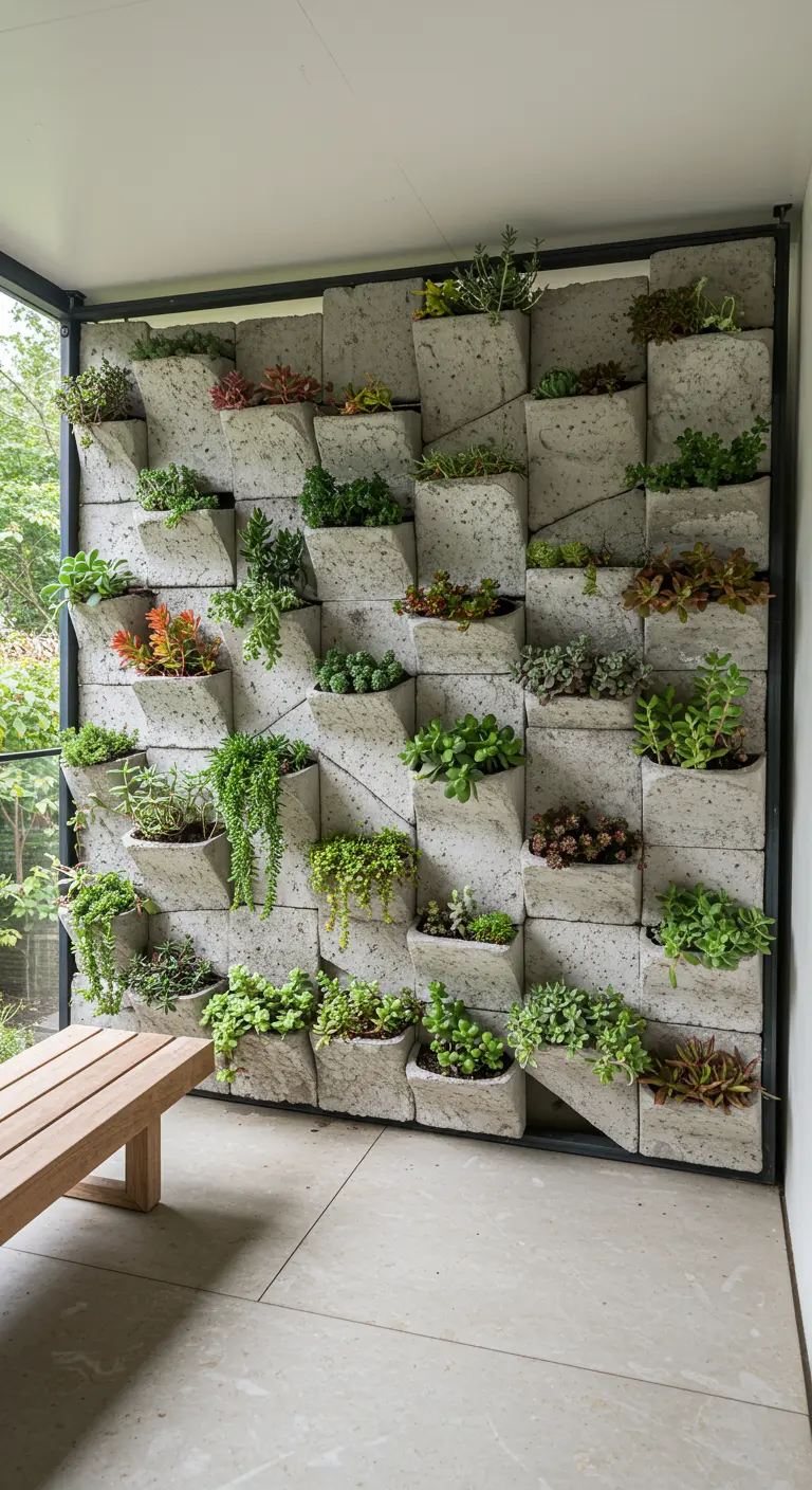Mur végétal moderne composé de blocs de béton texturés et sculptés, chaque creux abritant une succulente.