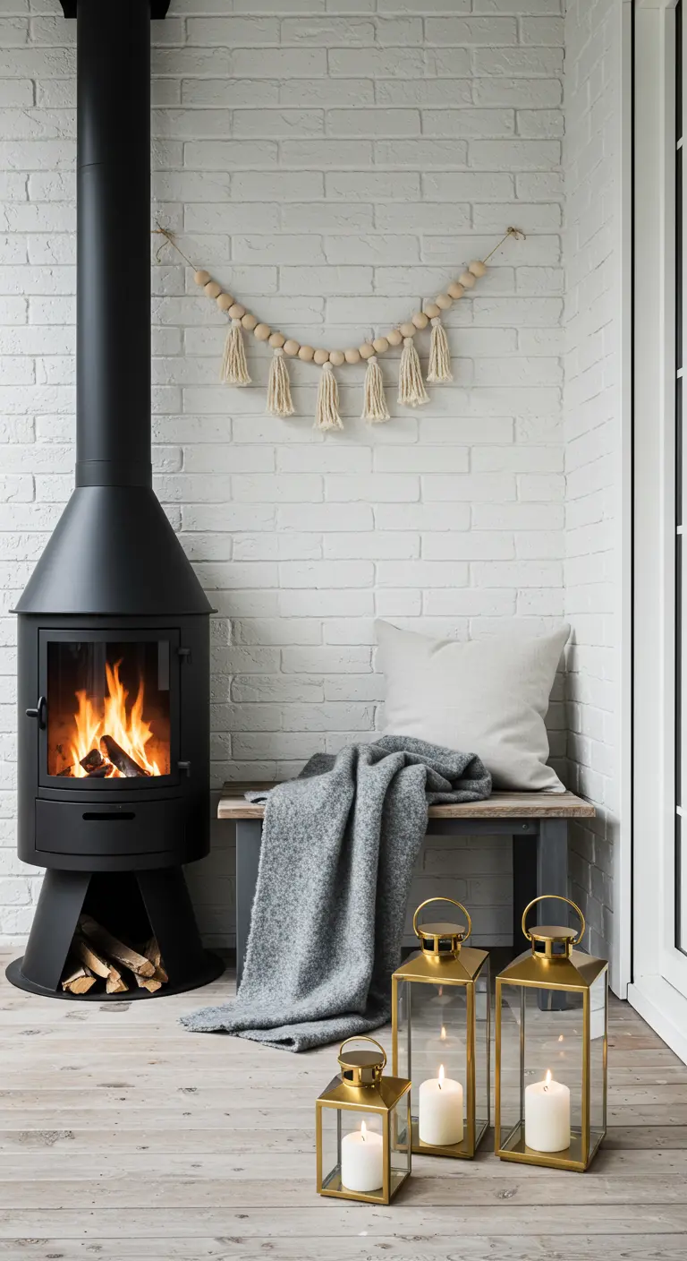 Coin terrasse minimaliste avec poêle à bois, banc et lanterne dorée.