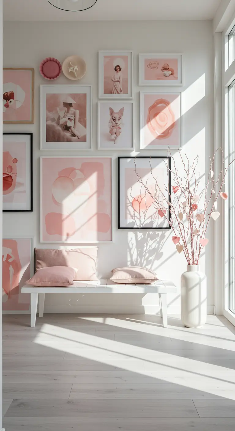 Mur blanc avec une galerie d'art pastel, banc épuré et branches décorées de cœurs.