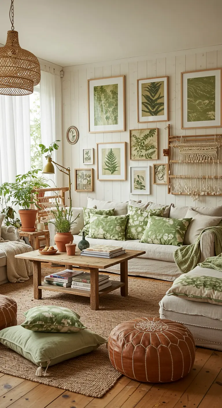 Salon lumineux avec canapé beige, coussins verts, table basse en bois, et grand mur de cadres botaniques verts.