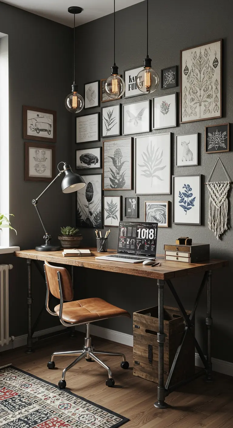 Bureau industriel avec un grand mur de cadres noirs et bois, macramé et plantes