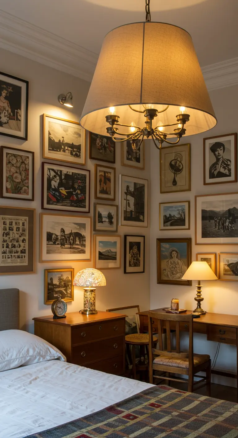 Chambre avec un mur de cadres éclectiques, une grande suspension centrale et deux lampes de chevet sur commodes.