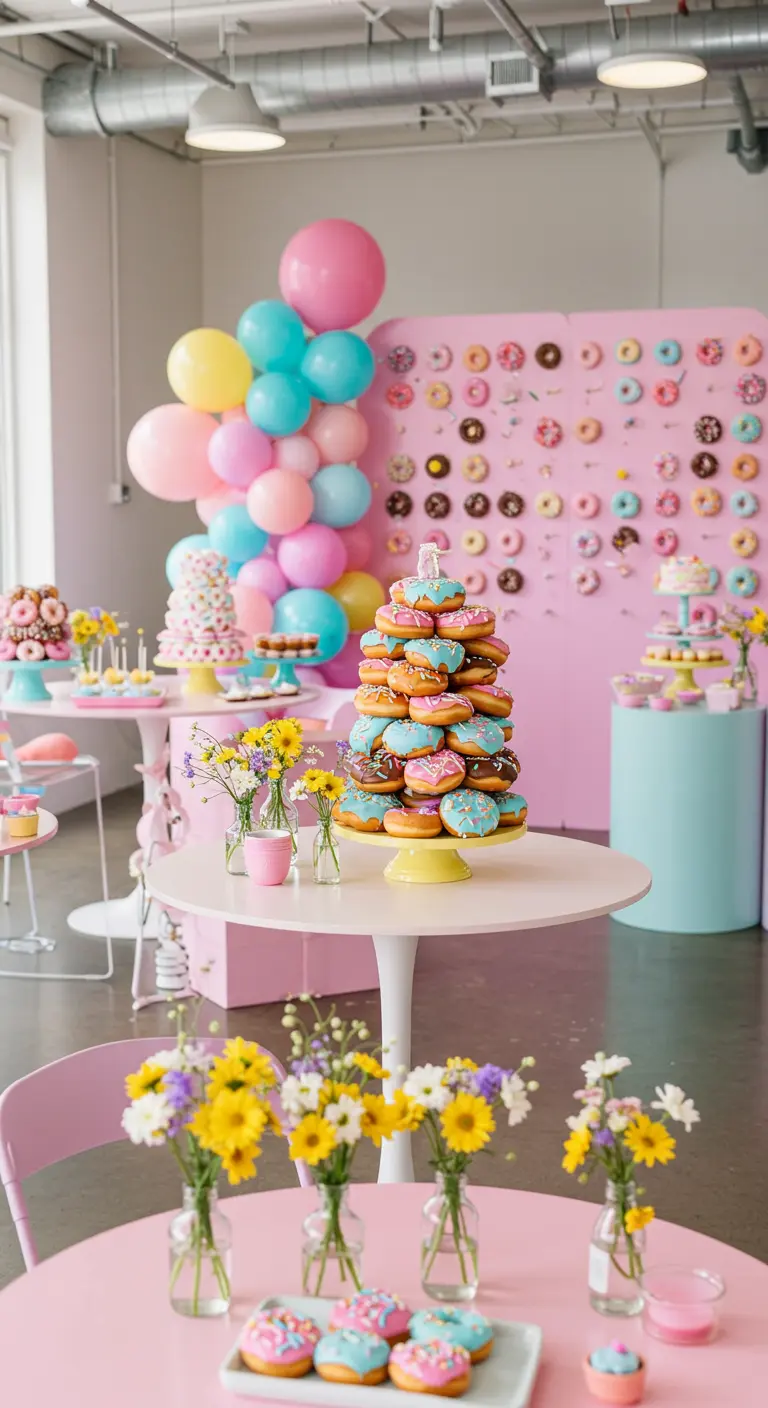 Table de fête pastel avec mur de donuts, ballons colorés et bouquets de fleurs sauvages.