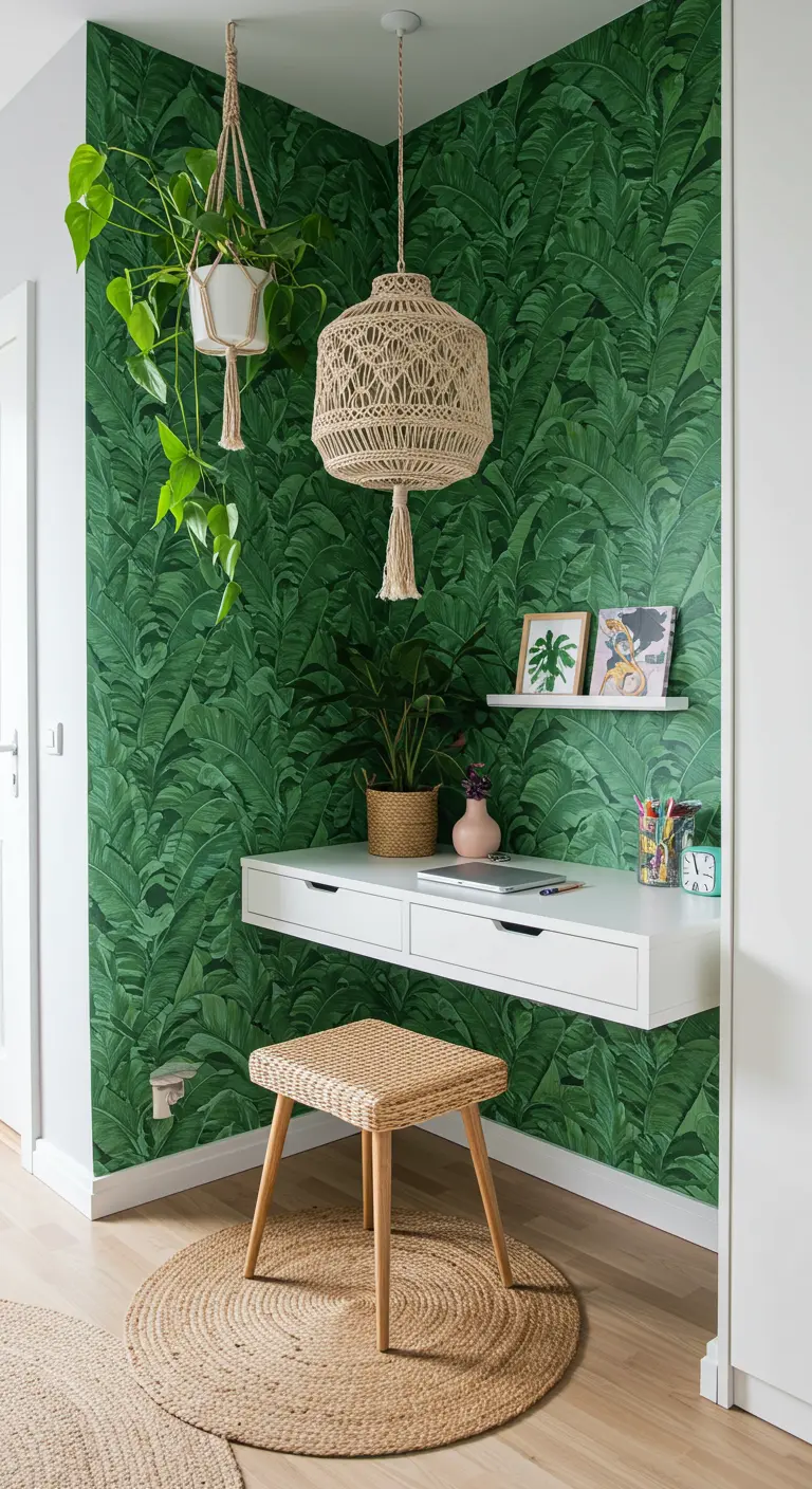 Coin bureau avec papier peint feuilles de bananier, étagère murale blanche et suspensions en macramé.