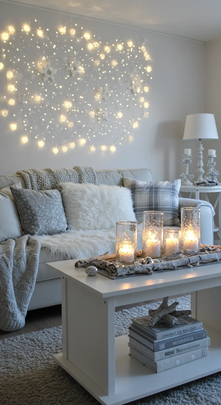 Mur derrière un canapé blanc, entièrement couvert de guirlandes lumineuses.