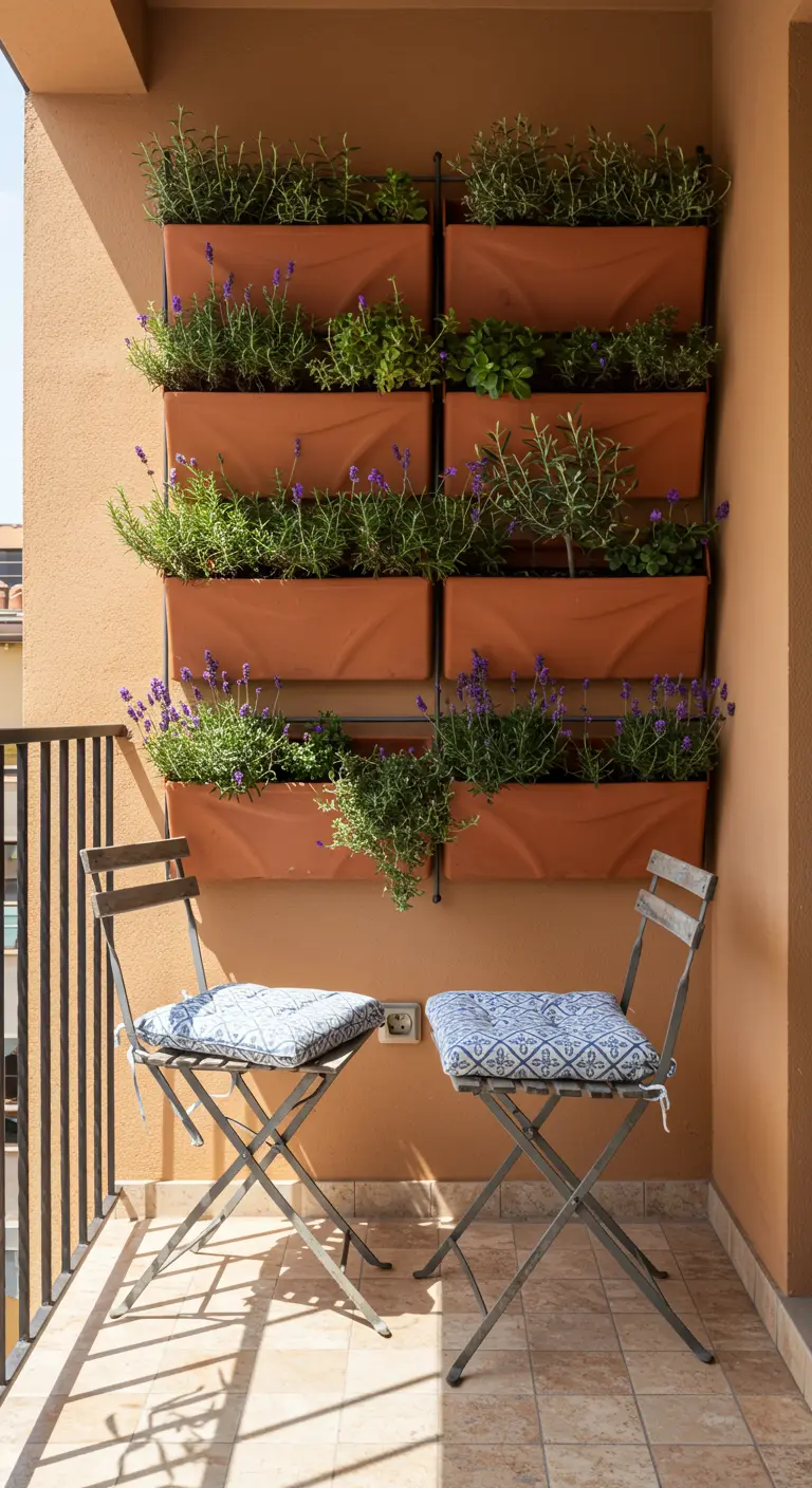 Jardinières verticales en terre cuite remplies de lavande et herbes sur un mur orange.