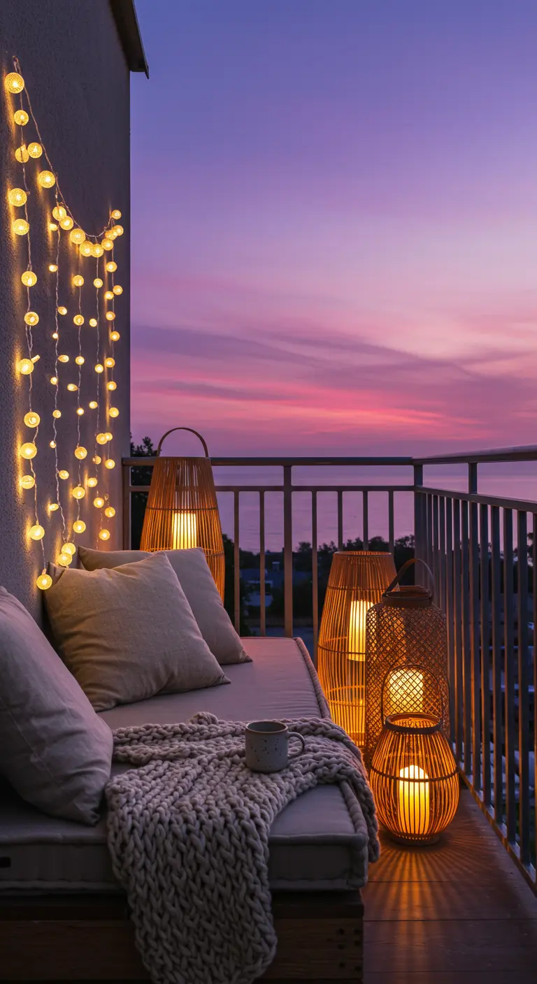 Balcon avec un rideau de guirlandes lumineuses et des lanternes en bambou