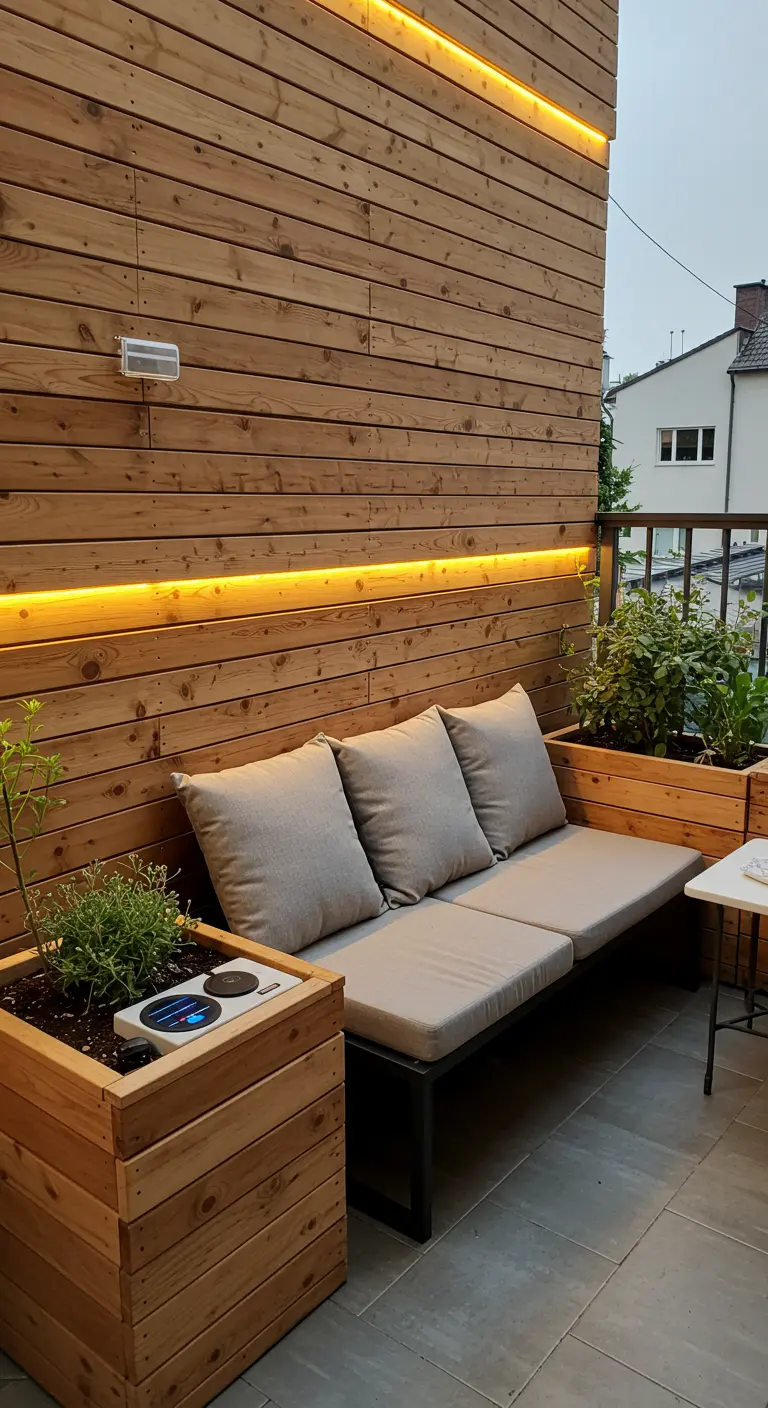 Mur en bois moderne avec des bandes lumineuses LED intégrées pour un éclairage d'ambiance.