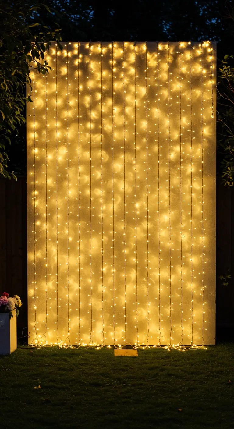 Grand panneau vertical entièrement couvert de guirlandes lumineuses fines.