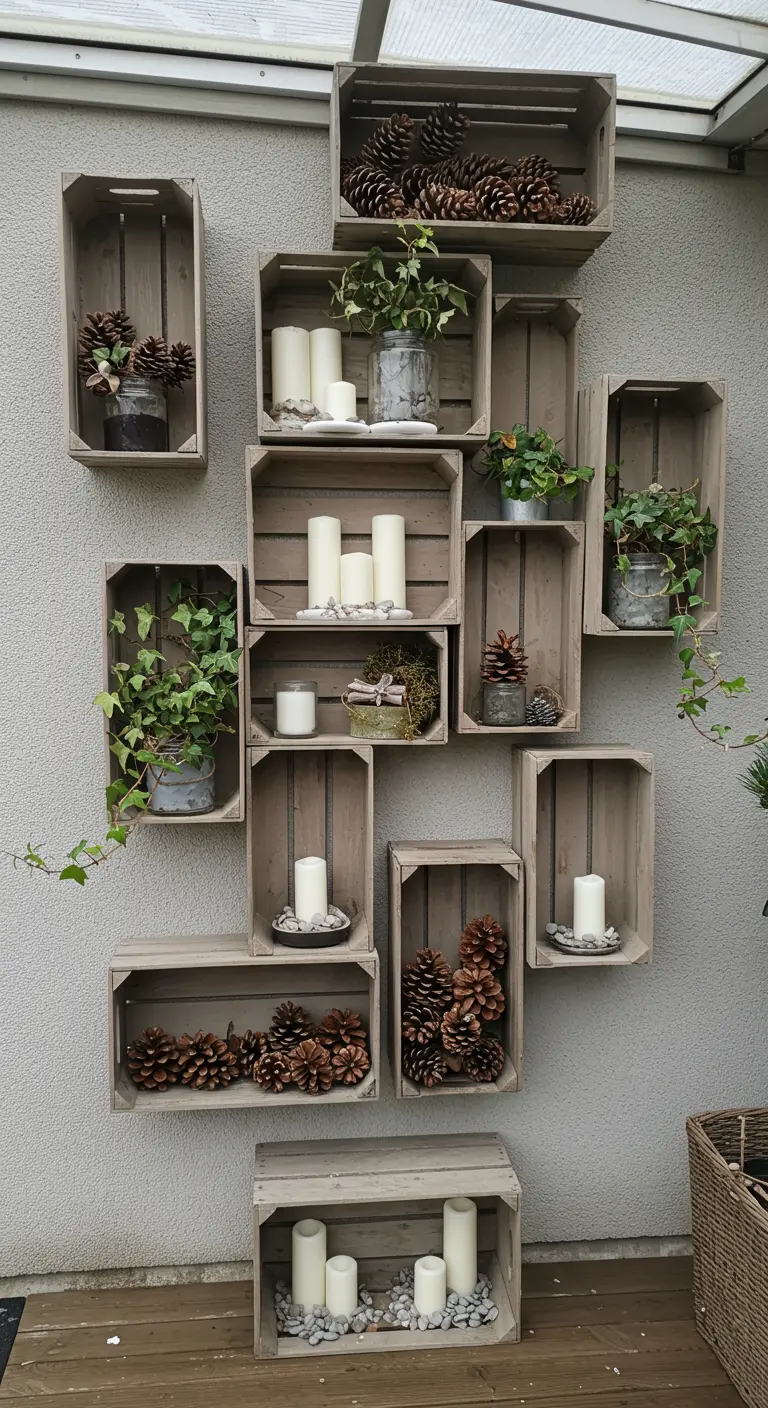 Mur gris avec une composition de caisses en bois servant d'étagères pour des plantes et bougies.