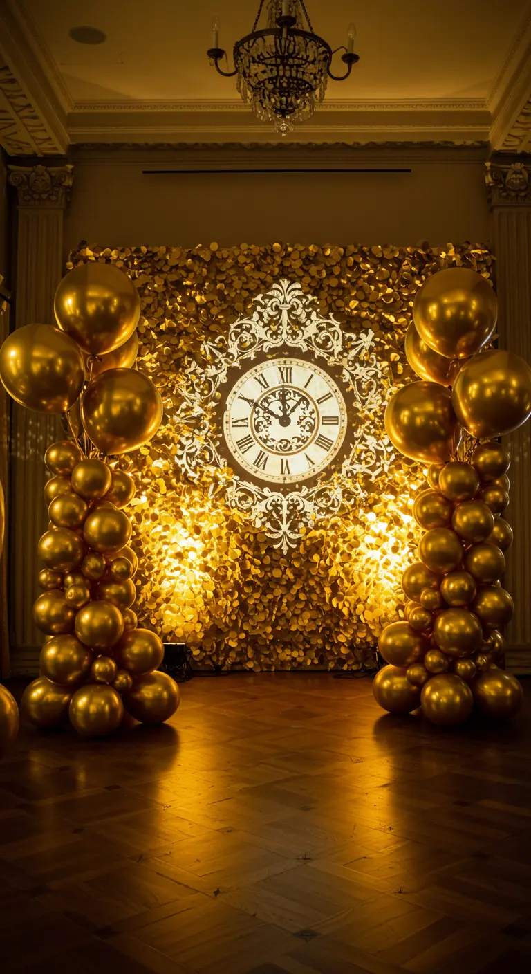 Horloge baroque sur un mur de sequins dorés, encadrée par des ballons.