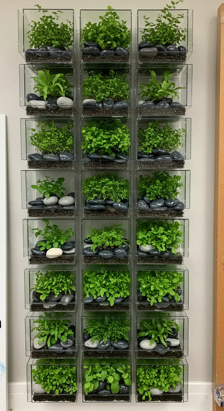 Mur composé de nombreux petits terrariums carrés alignés, chacun contenant fougères, mousse et pierres.