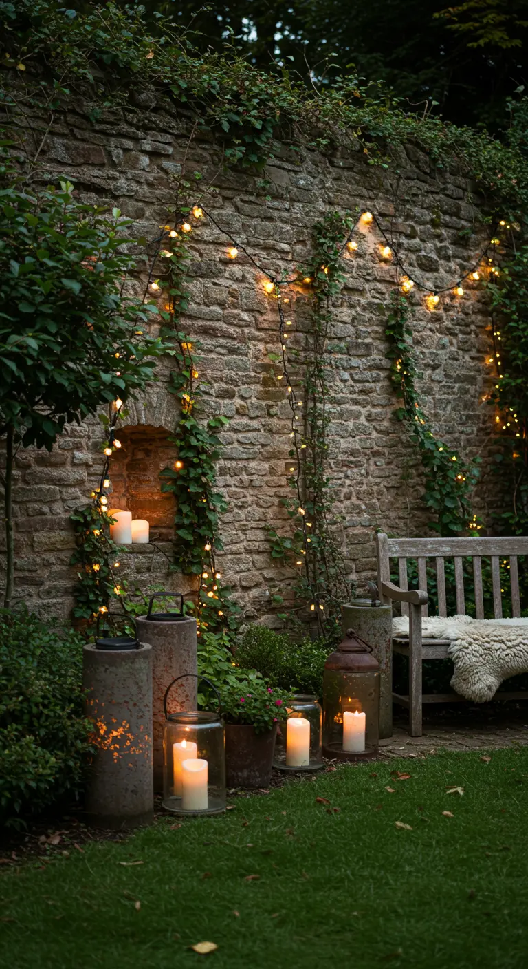 Mur de pierre couvert de lierre et de guirlandes lumineuses, avec des bougies dans des photophores au sol.