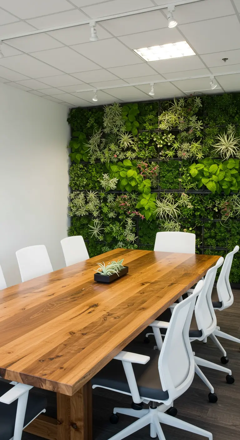 Mur végétal avec des motifs géométriques créés par différentes plantes dans une salle de réunion.