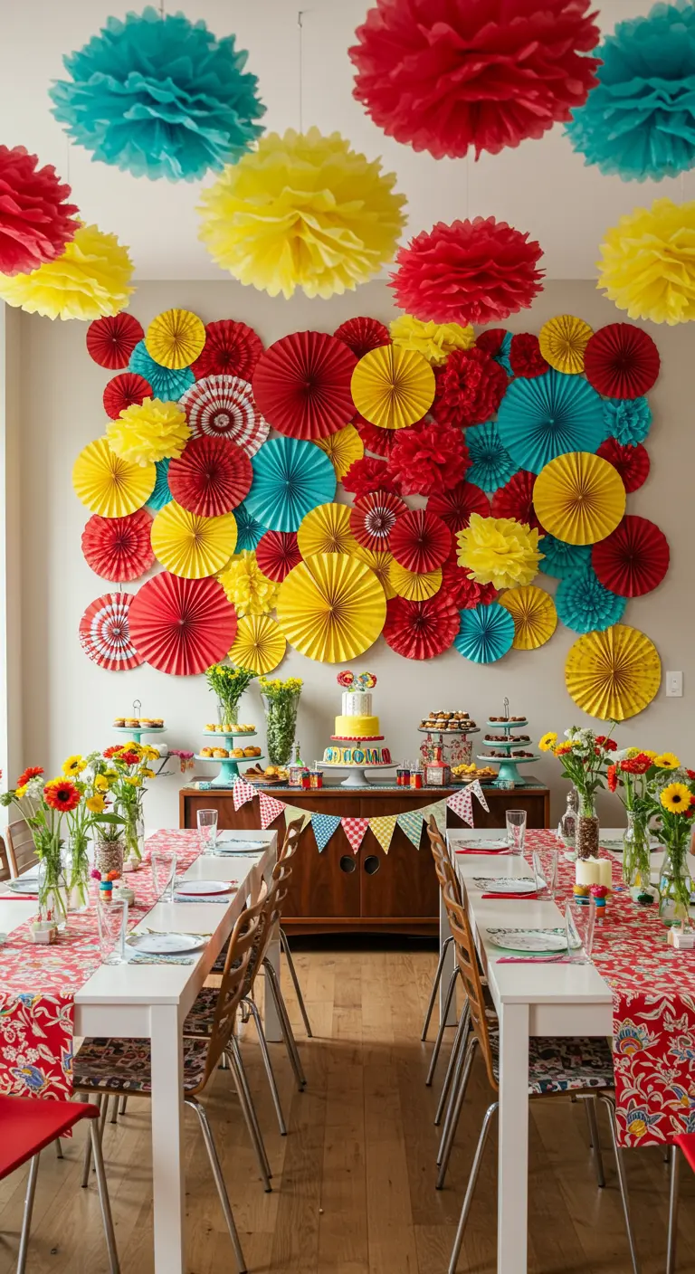 Mur décoré de pompons et éventails en papier multicolores au-dessus d'une table de fête.