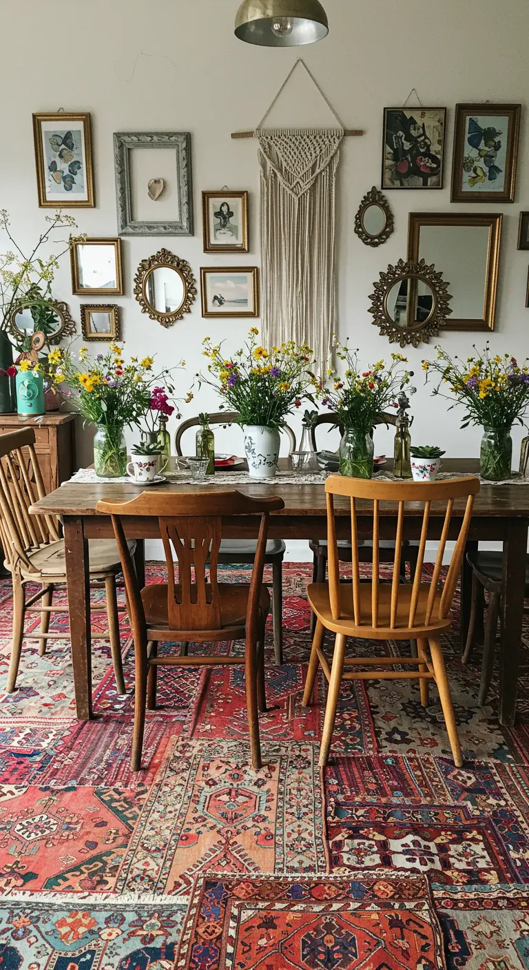 Salle à manger bohème avec un mur de cadres dépareillés et des chaises vintage.