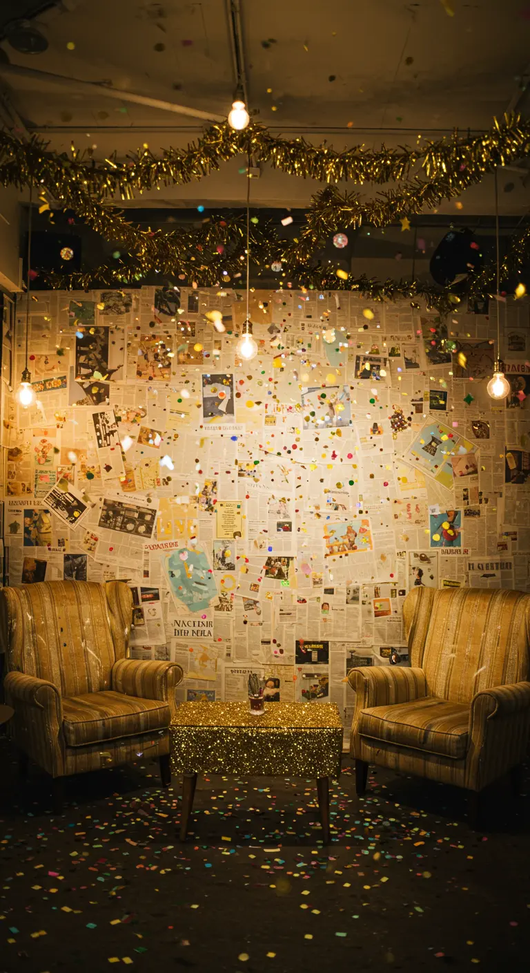 Photobooth vintage avec mur de journaux, fauteuils confortables, table pailletée et confettis.