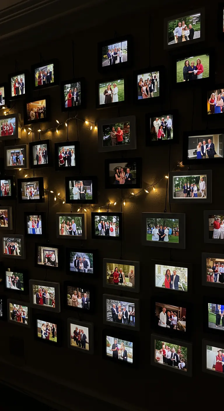 Mur sombre couvert de photos encadrées, entrelacées d'une guirlande lumineuse chaude.