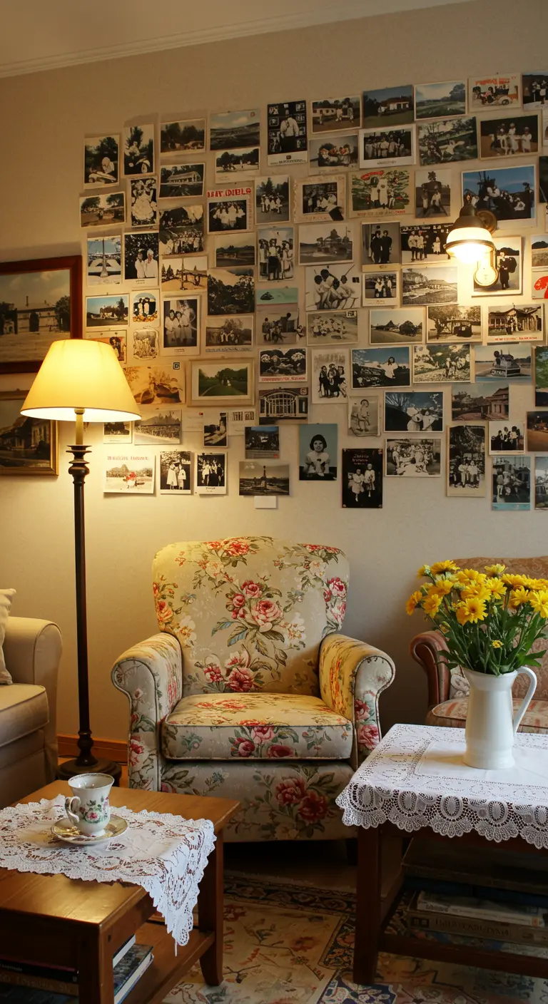 Mur entièrement recouvert de photographies anciennes en noir et blanc, créant une mosaïque de souvenirs.