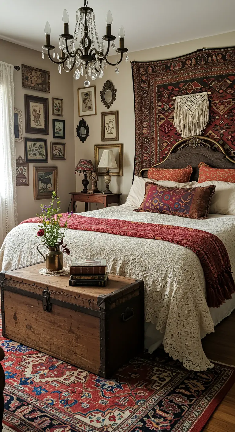 Chambre bohème vintage avec un tapis ancien en tête de lit, galerie murale et coffre en bois.