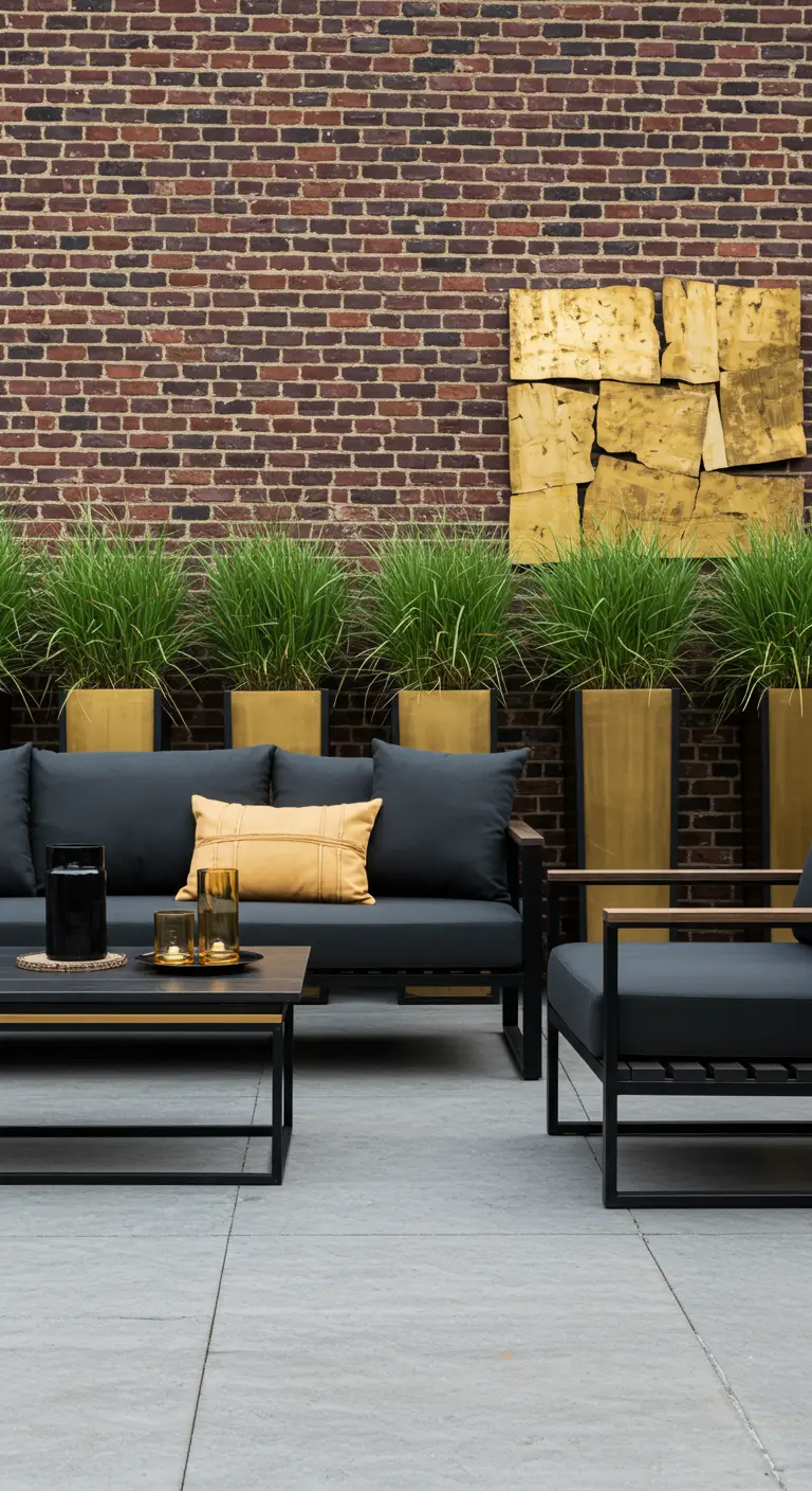 Terrasse moderne avec canapé noir, art mural doré, pots rectangulaires dorés et graminées.