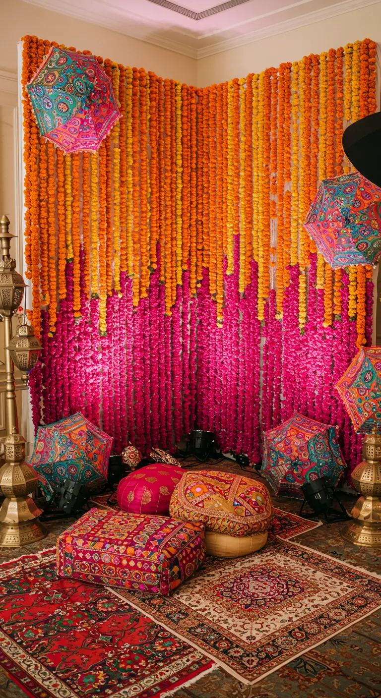 Mur de fond pour photos, couvert de fleurs orange et roses, avec des ombrelles.