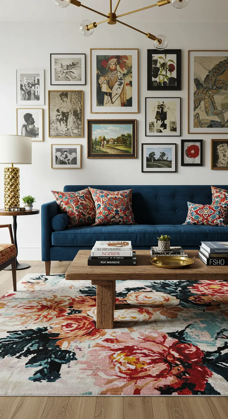 Salon éclectique avec un mur de cadres, un canapé bleu marine et un tapis floral très coloré.