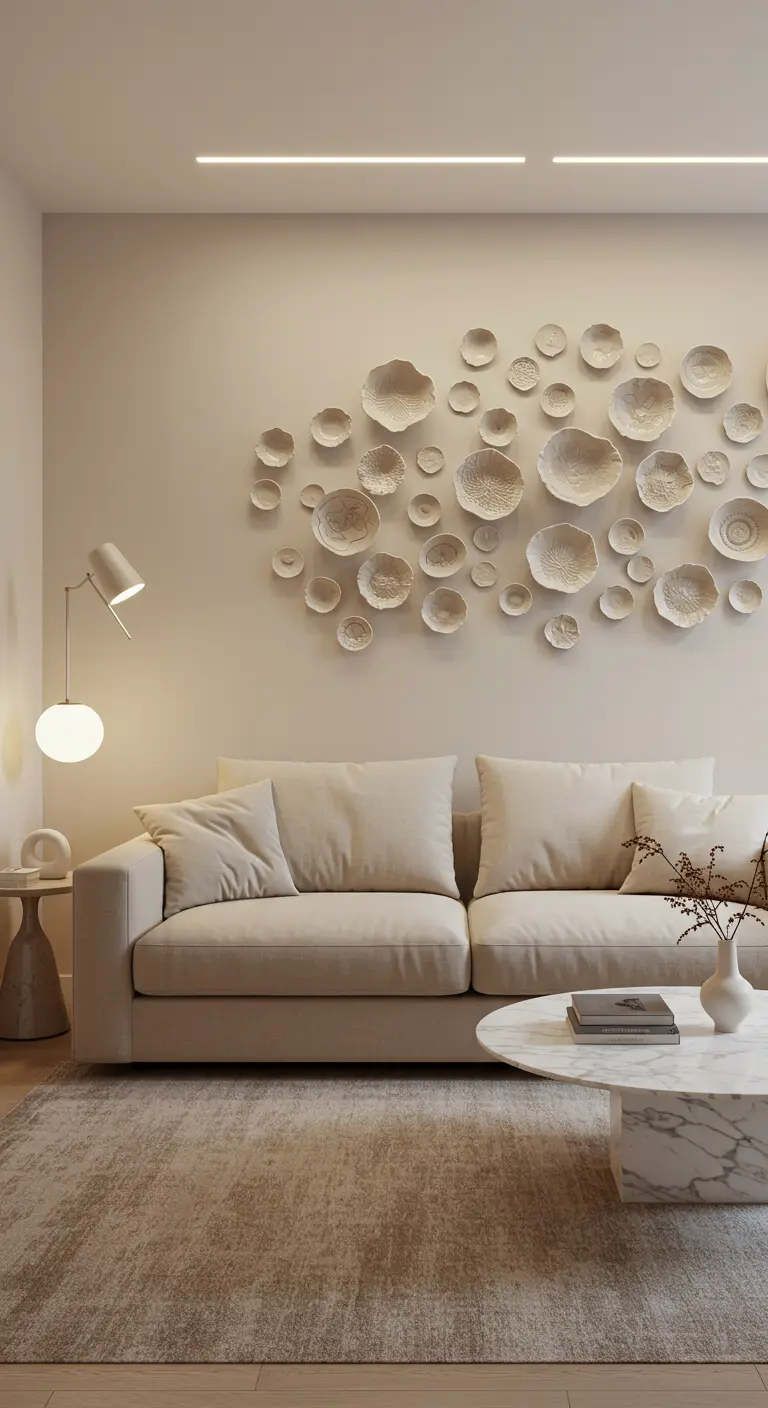 Mur blanc décoré d'une composition de fleurs en céramique 3D de différentes tailles au-dessus d'un canapé beige.