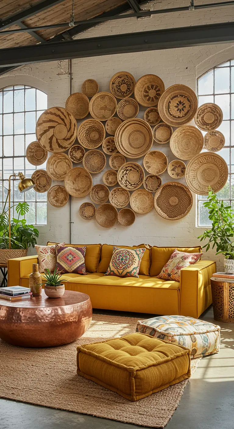 Grand mur décoré de nombreux paniers et plateaux tressés de différentes tailles au-dessus d'un canapé jaune.