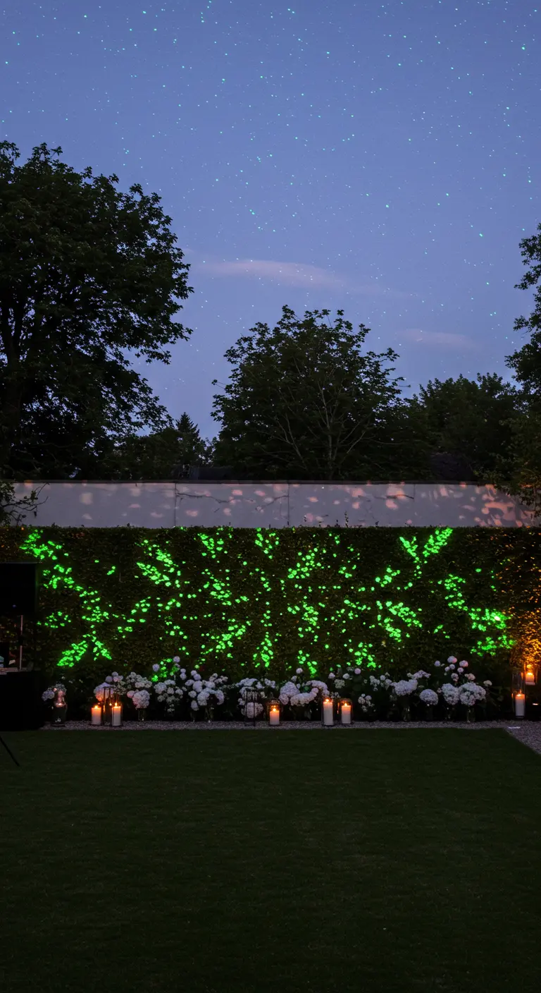 Mur végétal illuminé par une projection lumineuse verte aux motifs de feuilles.