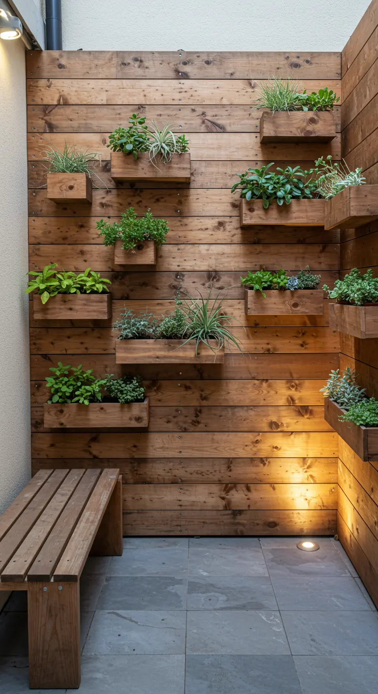 Petit espace extérieur avec mur en lattes de bois, jardinières suspendues d'herbes aromatiques, banc en bois.