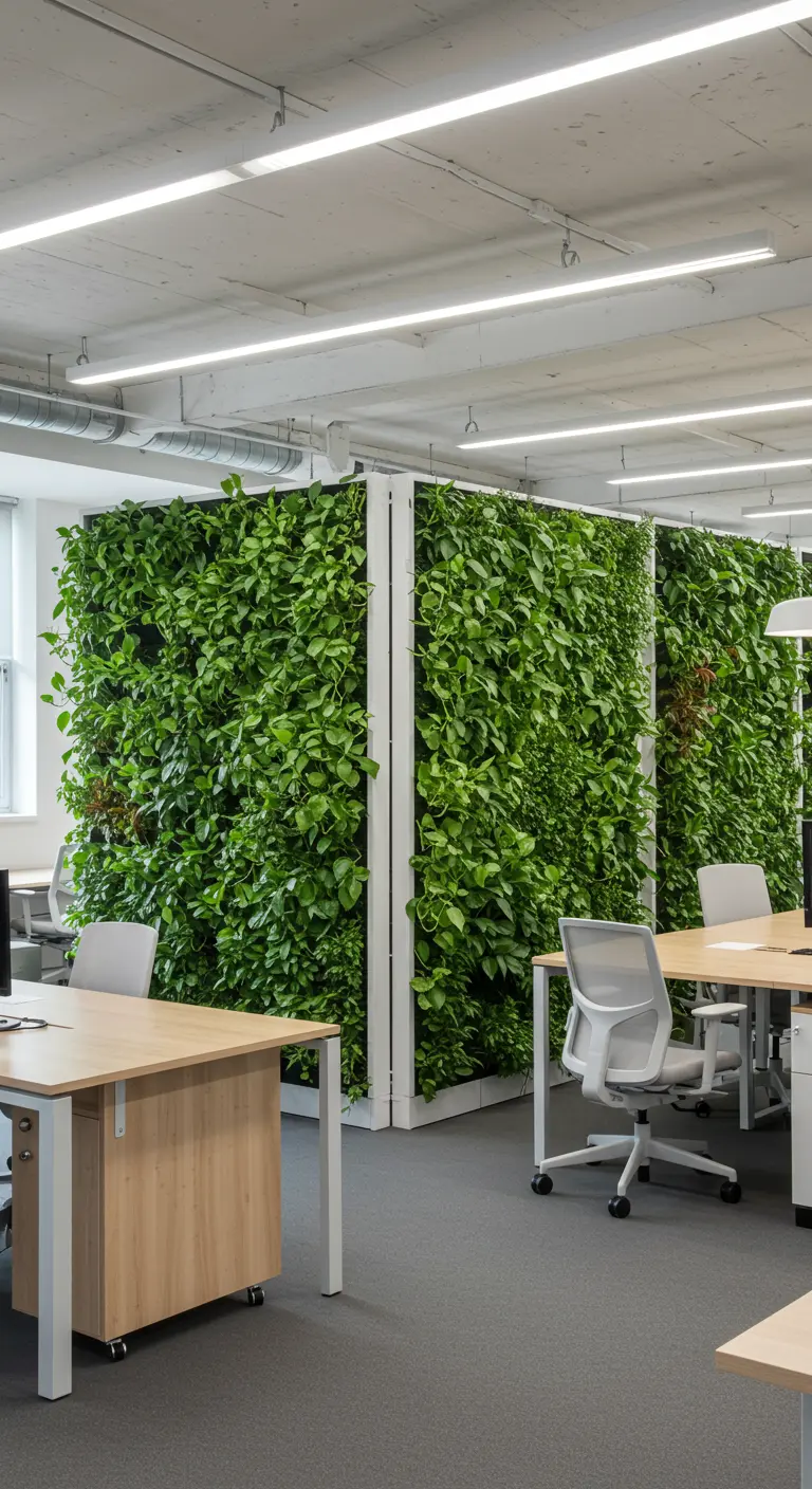 Grand mur végétal formant une cloison dans un espace de bureau ouvert, créant des zones intimes.