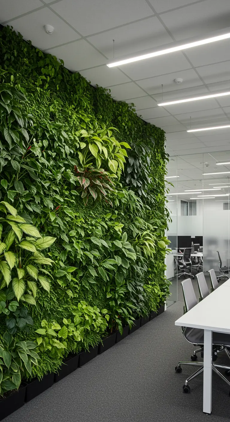 Grand mur végétal continu et luxuriant dans un bureau moderne avec des tables de travail.