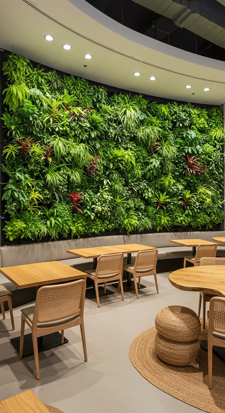 Grand mur végétal courbé et luxuriant dans un café avec des tables et chaises en bois clair.