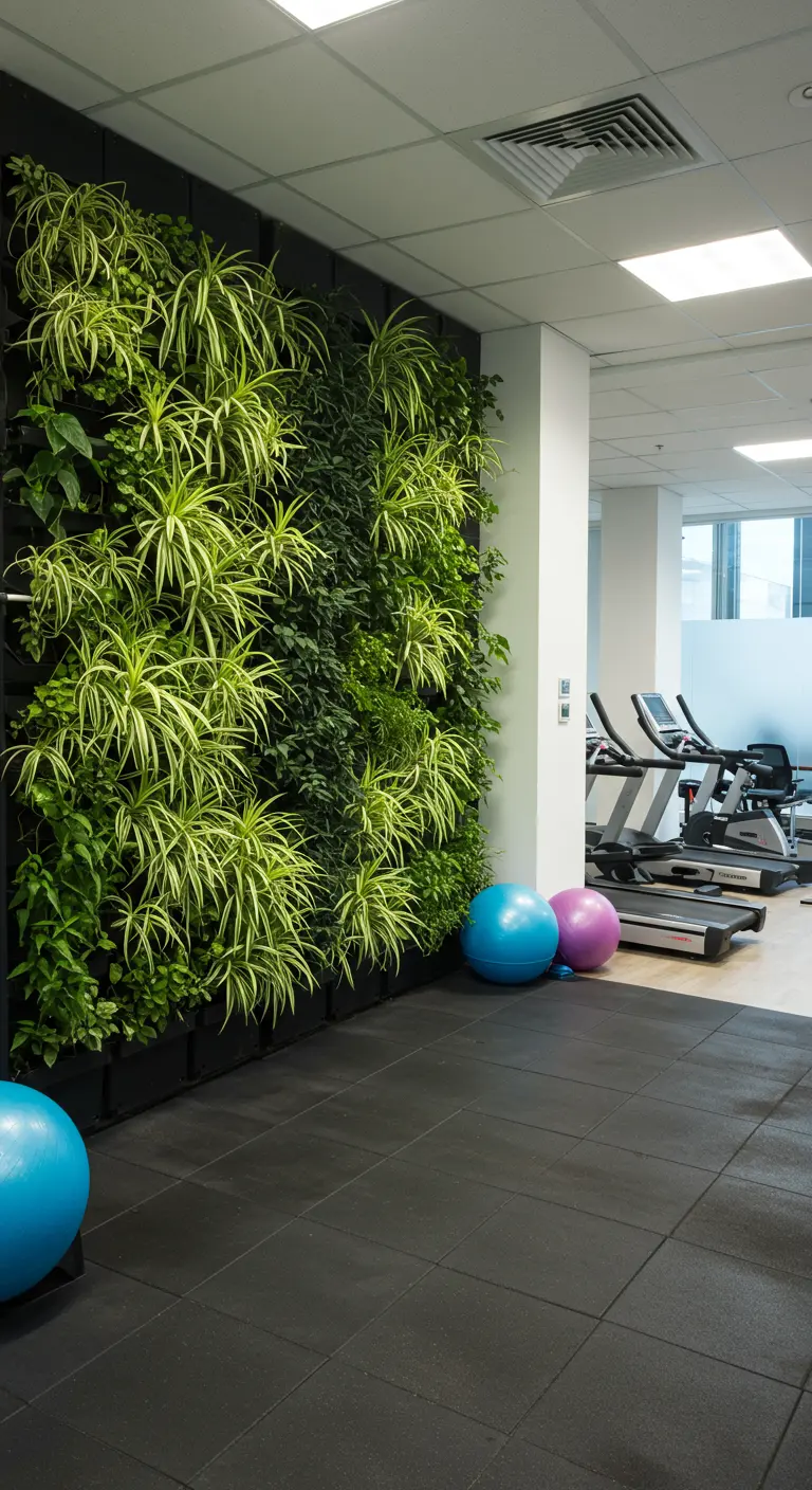 Mur végétal dense avec chlorophytum et autres plantes vertes dans une salle de sport.