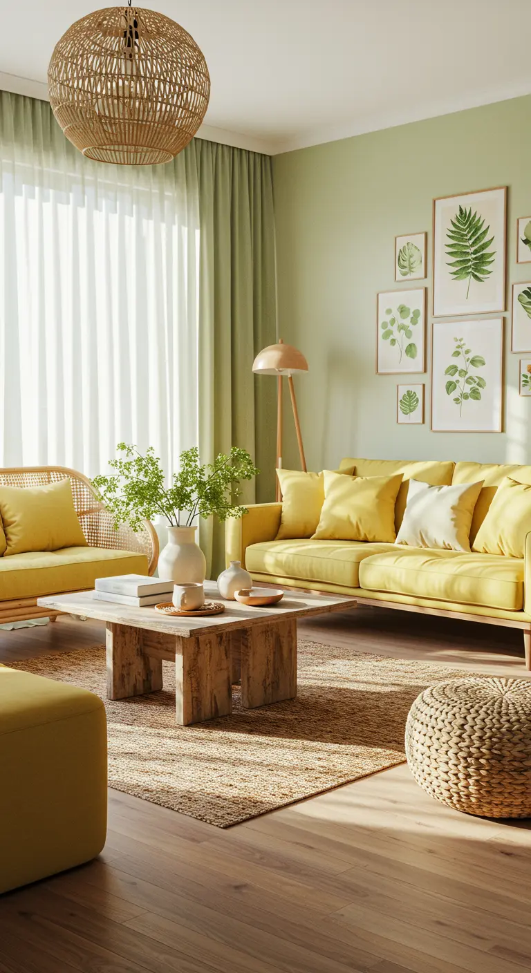 Salon lumineux avec canapé jaune, rideaux verts, table basse en bois et mur végétal de cadres botaniques.