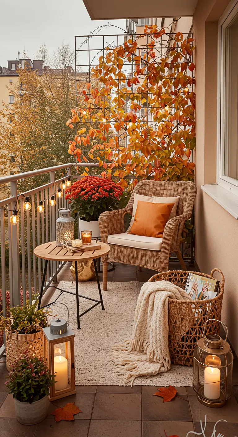 Balcon avec treillis de vigne vierge aux couleurs automnales, mobilier en rotin, tapis et lanternes.