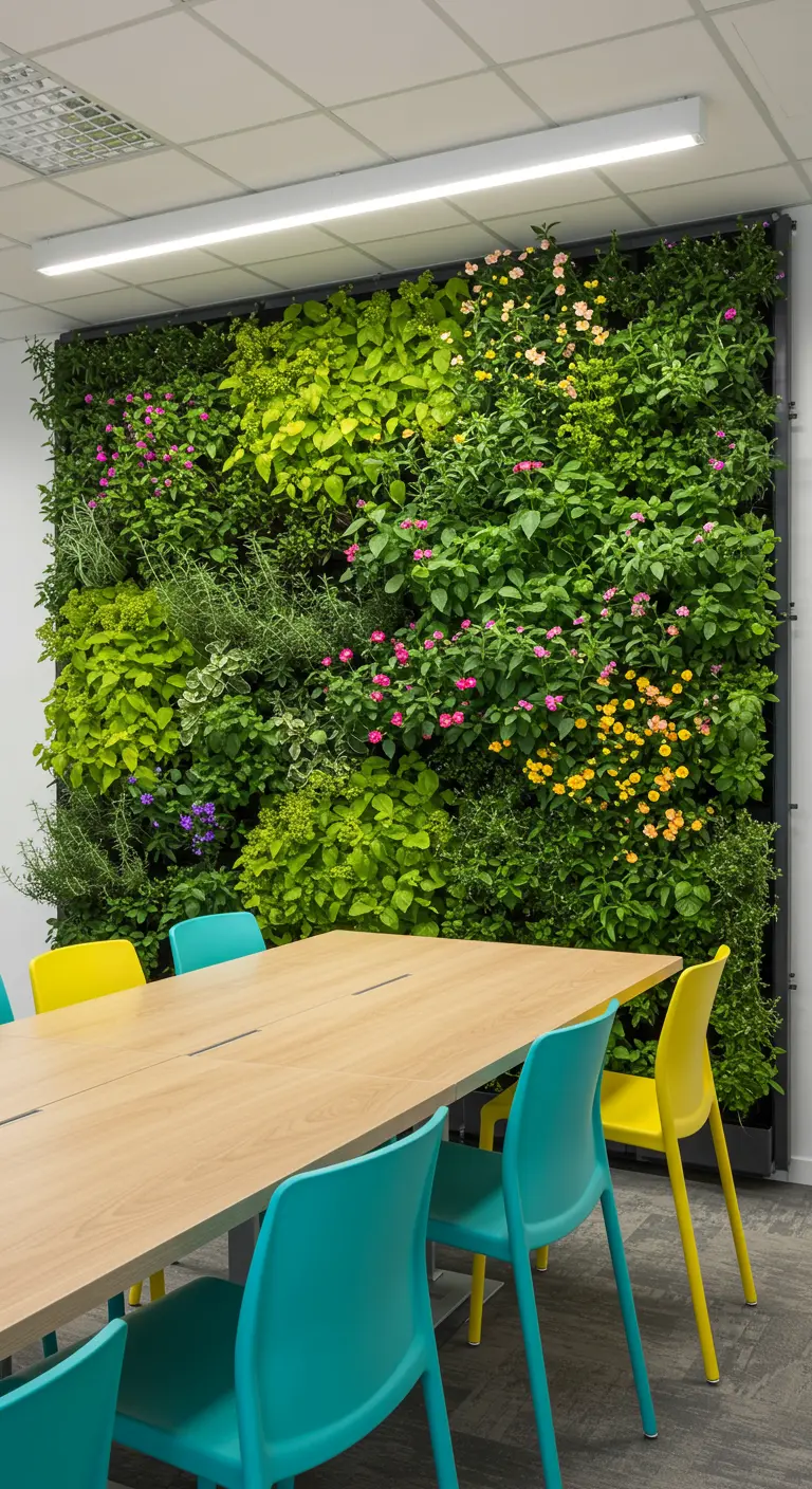 Mur végétal fleuri avec des touches de rose et de jaune dans une salle de réunion lumineuse.