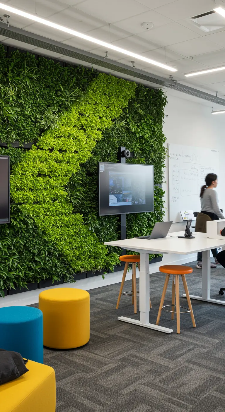 Mur végétal avec une bande de verdure en diagonale, des écrans et des poufs colorés dans un bureau.